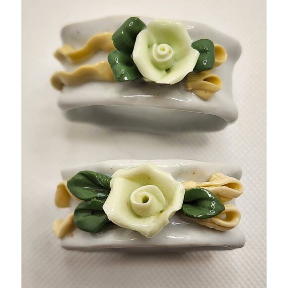 NAPKIN RINGS-Porcelain-3D Flowers-Yellow-Green-Set of 4 - Picture 13 of 16